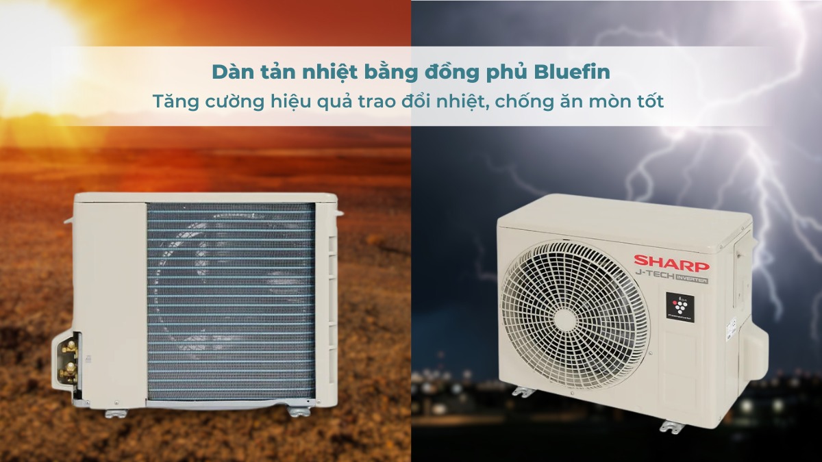 dan-tan-nhiet-bluefin-cua-may-lanh-sharp-inverter-2-hp-ah-xp18bsw Dàn tản nhiệt phủ Bluefin chống ăn mòn tốt hơn